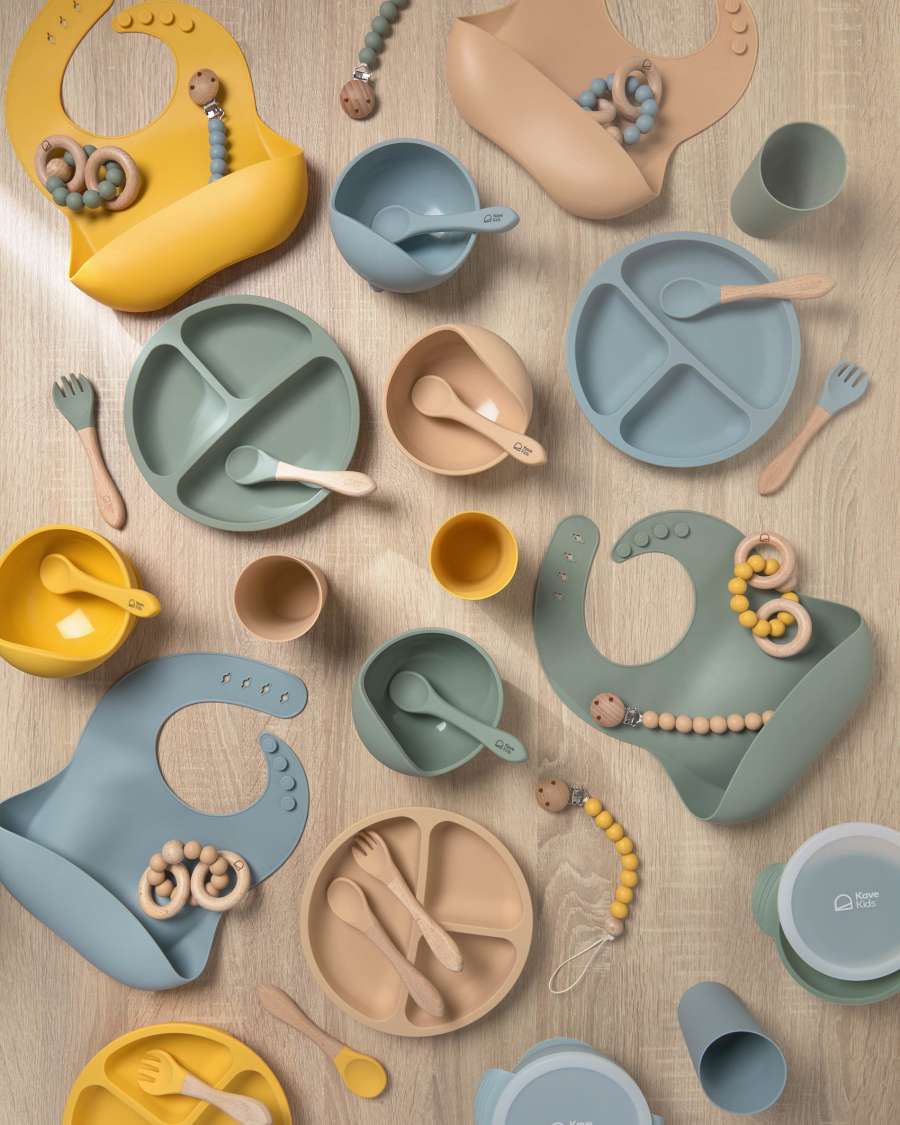 Epiphany dummy and teething ring set in beige silicone and wood