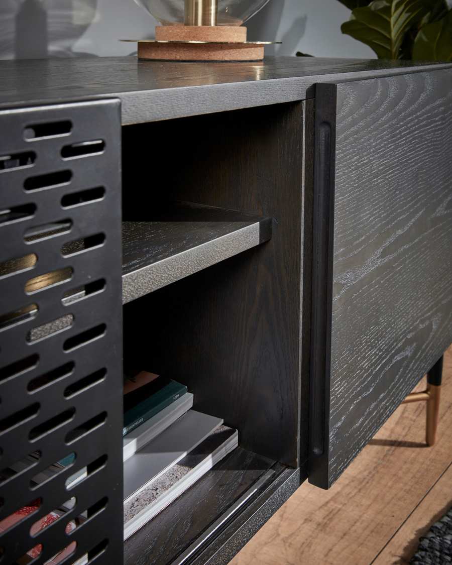 Milian ash wood veneer 2 door TV stand with steel finished in black & gold, 141 x 56 cm