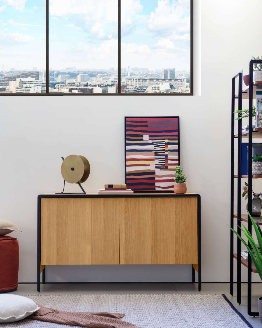 Nadyria Sideboard 2 Türen aus Eichenfurnier und Stahl in Schwarz 140 x 82 cm