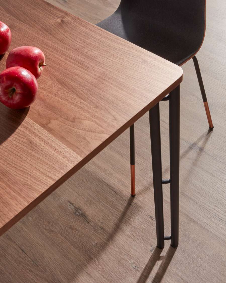 Kesia walnut veneer extendable table and steel legs in a black finish, 160 (220) x 90 cm