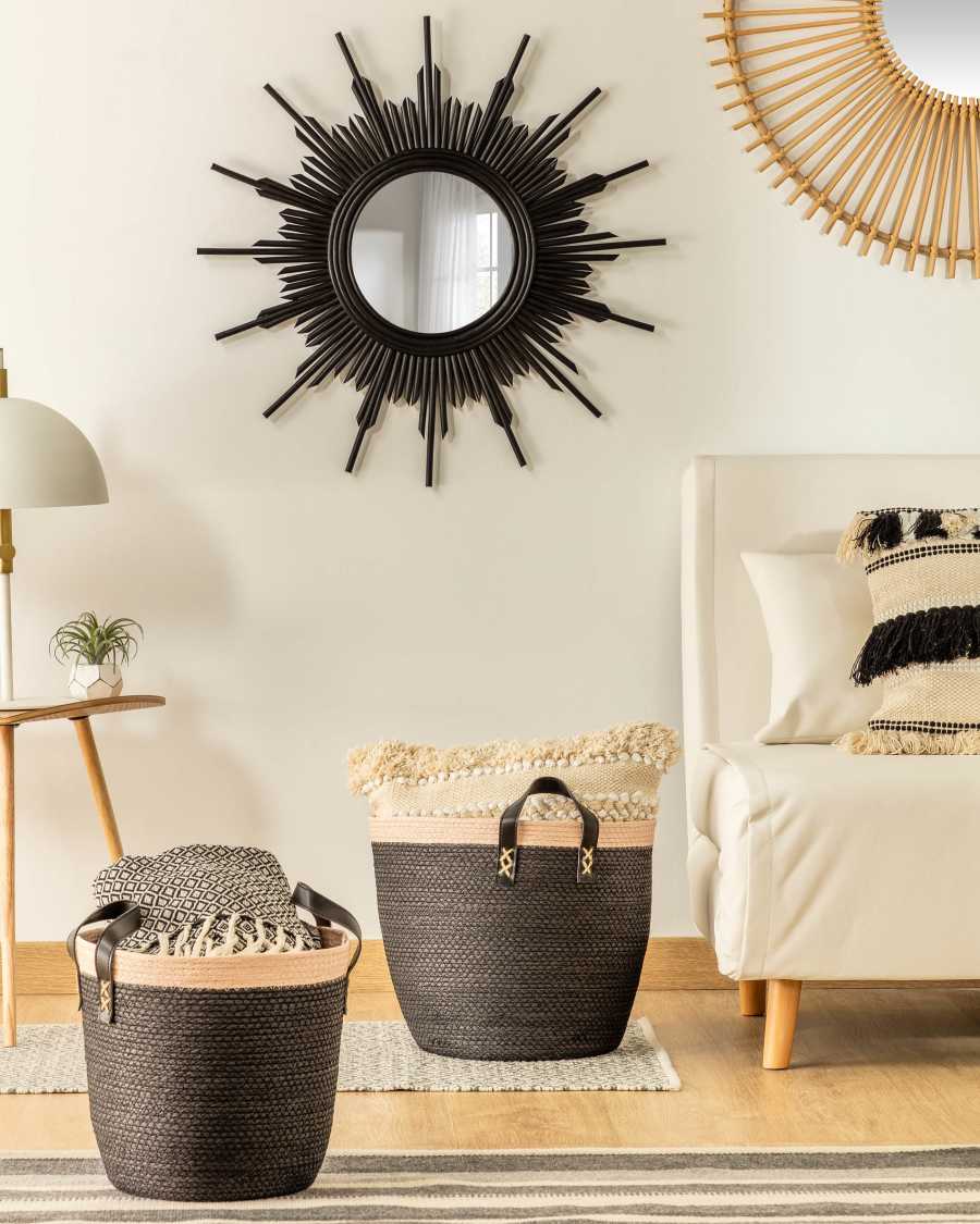 Marelli black rattan mirror, Ø 70 cm