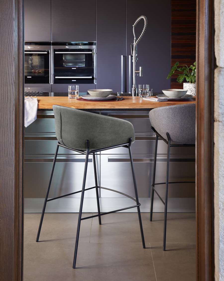 Yvette grey velvet stool with steel in a black finish, height 74 cm