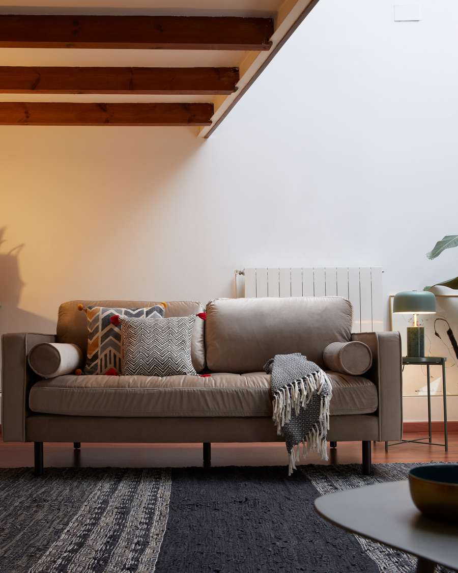 Debra 2 seater sofa in beige velvet, 182 cm