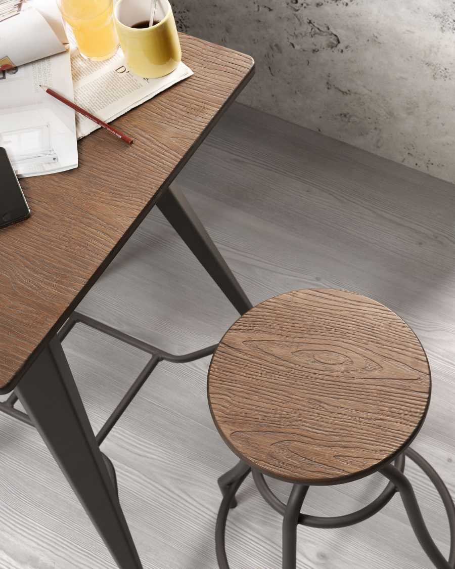 Malira steel kitchen stool with a dark grey finish, solid bamboo seat, 66-84 cm