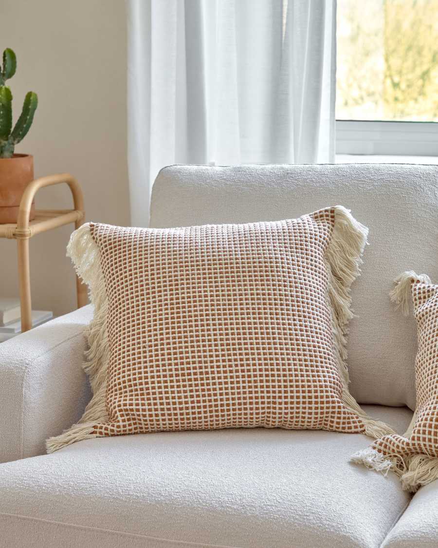 Kaia cotton cushion cover with natural and terracotta stripes 60 x 60 cm