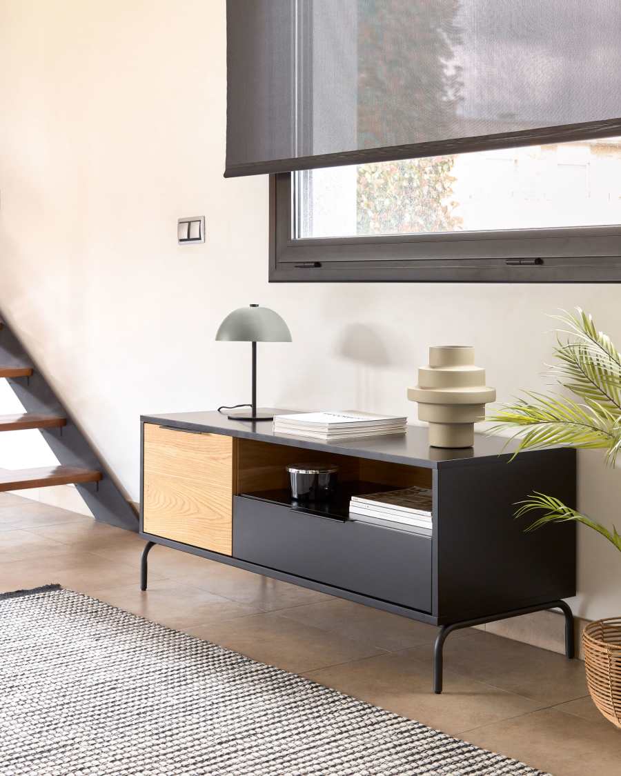 Szafka RTV Savoi 1 drzwi MDF lakierowany na czarno i czarna stal 120 x 50 cm