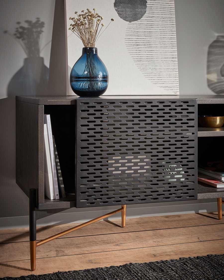 Milian ash wood veneer 2 door TV stand with steel finished in black & gold, 141 x 56 cm