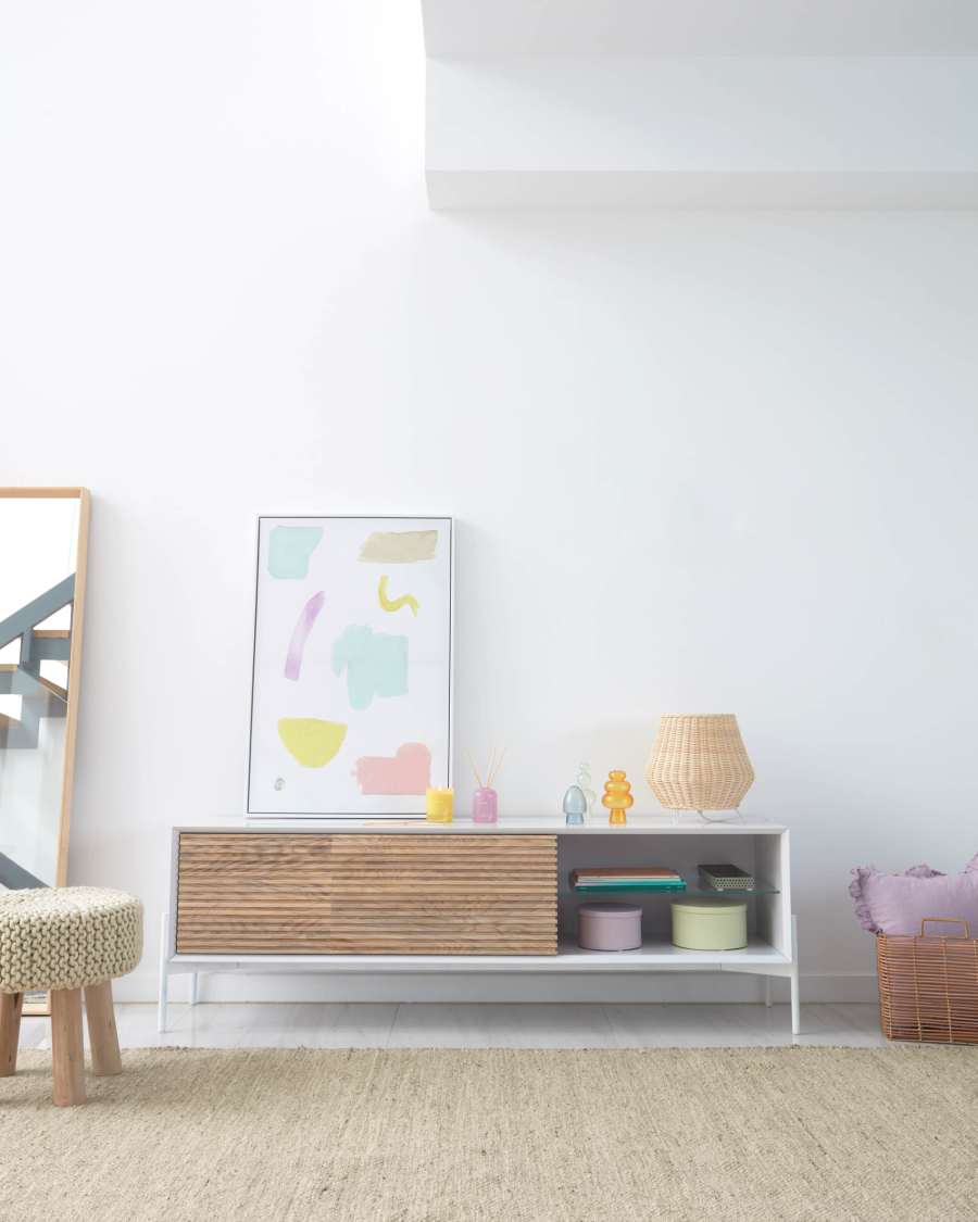 Marielle ash wood veneer TV stand with white lacquer and white finish metal, 167 x 53 cm