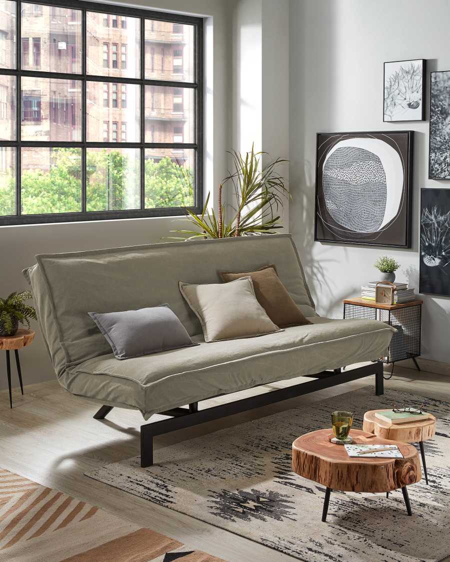 Eveline three-seater sofa bed in beige, metal frame, 195 cm