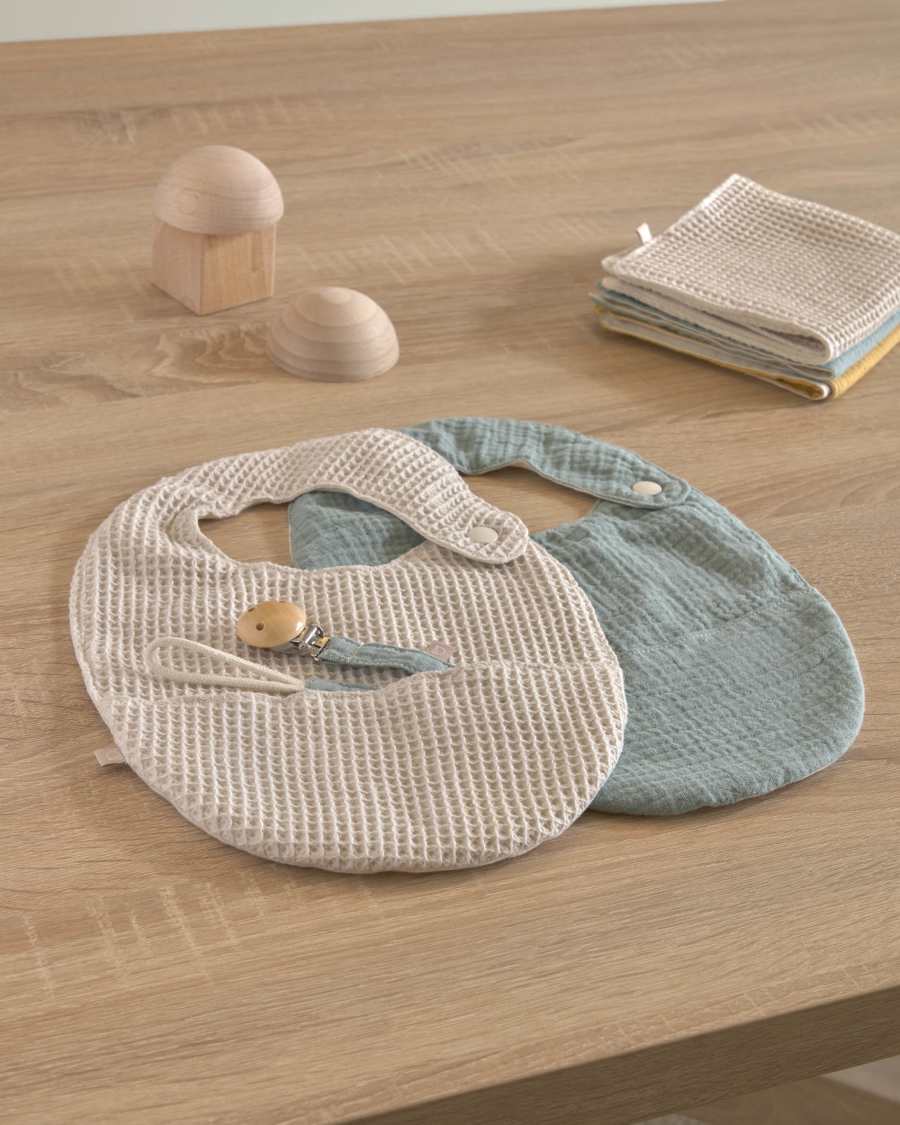 Set of two 100% organic cotton (GOTS) Lupe bibs in beige and turquoise