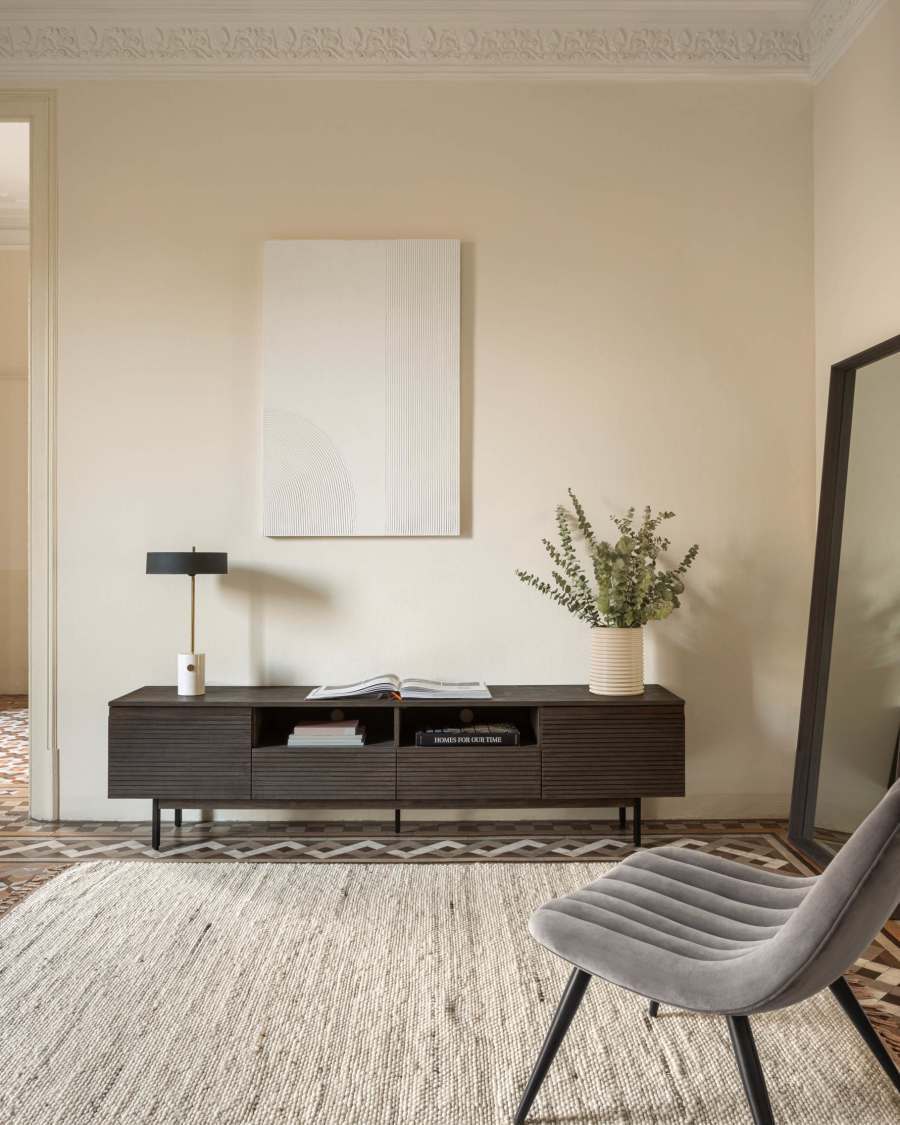 Moble TV Indiann 2 portes i 2 calaixos fusta massissa acàcia i acer negre 210 x 45 cm