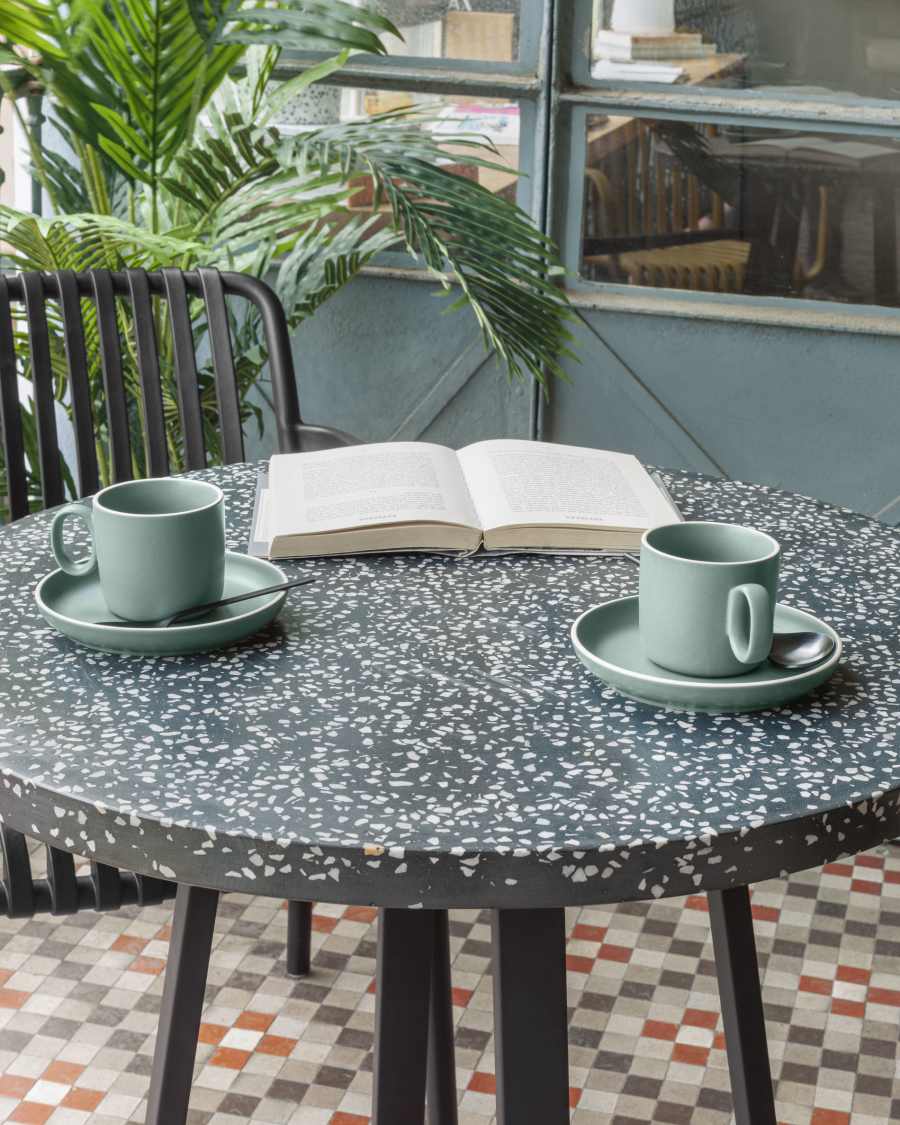 Tella round terrazzo table in black with steel legs, Ø 70 cm