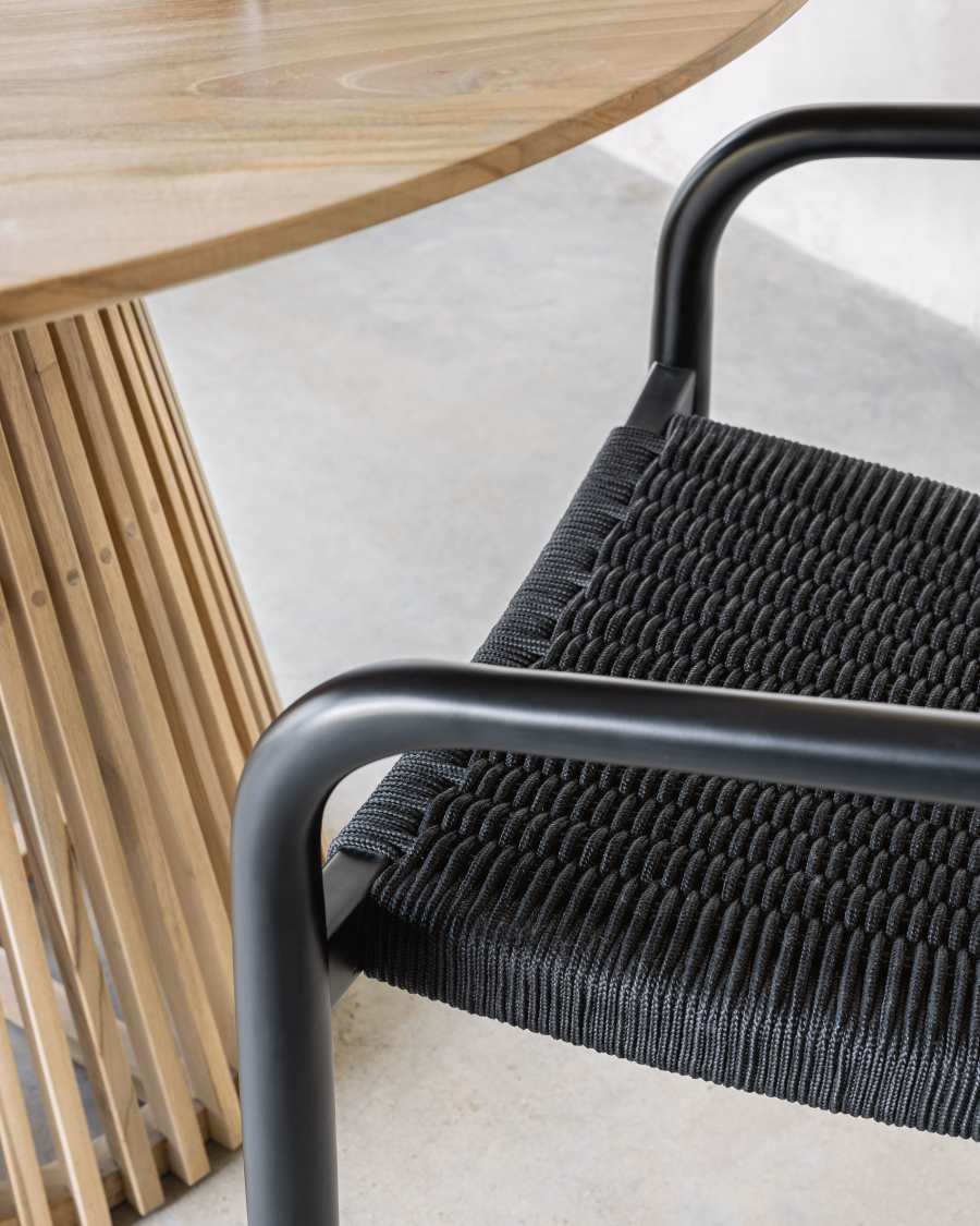 Nina stackable chair in solid acacia wood with black finish and black rope seat FSC 100%