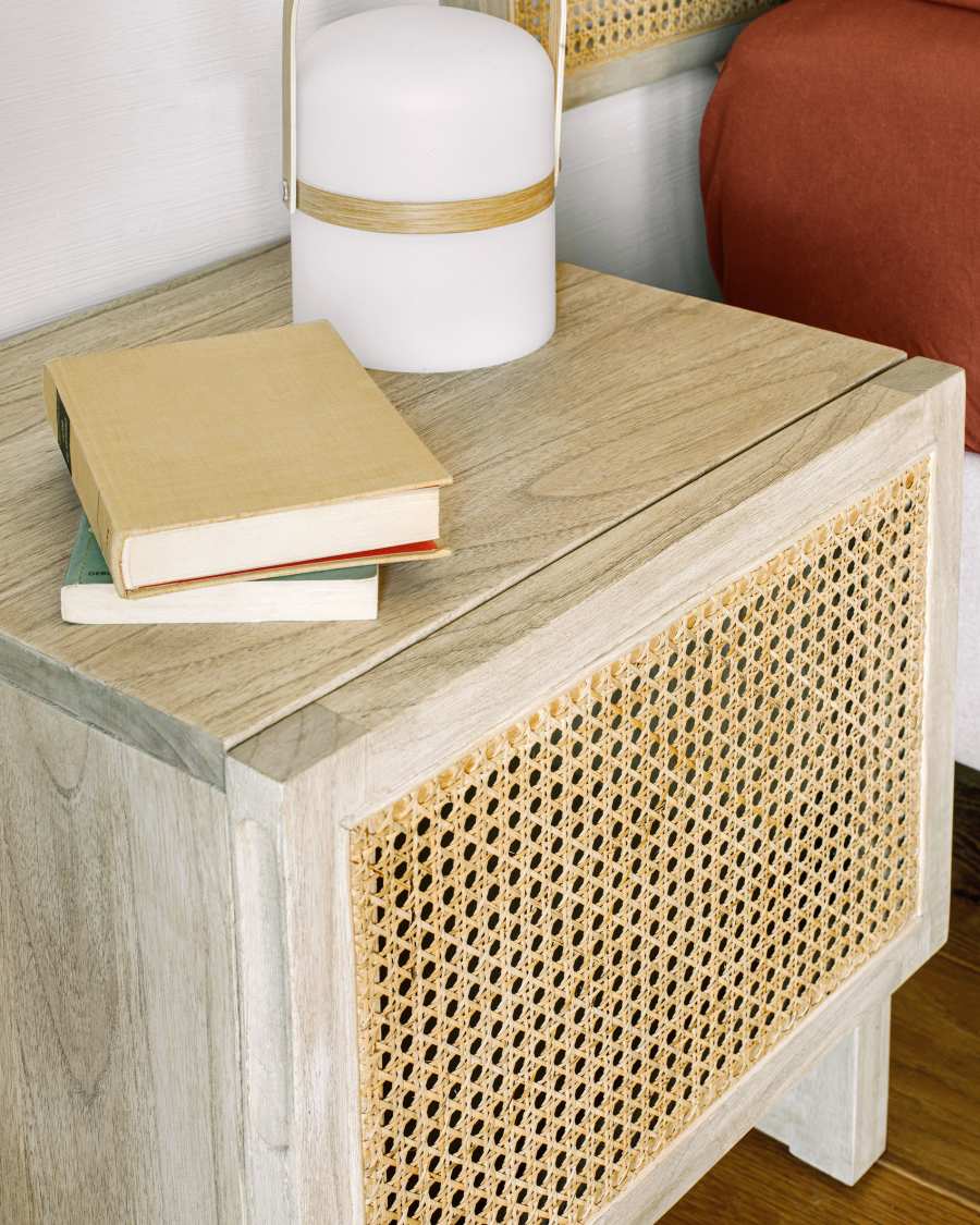 Rexit solid mindi wood and veneer bedside table with rattan 50 x 48 cm