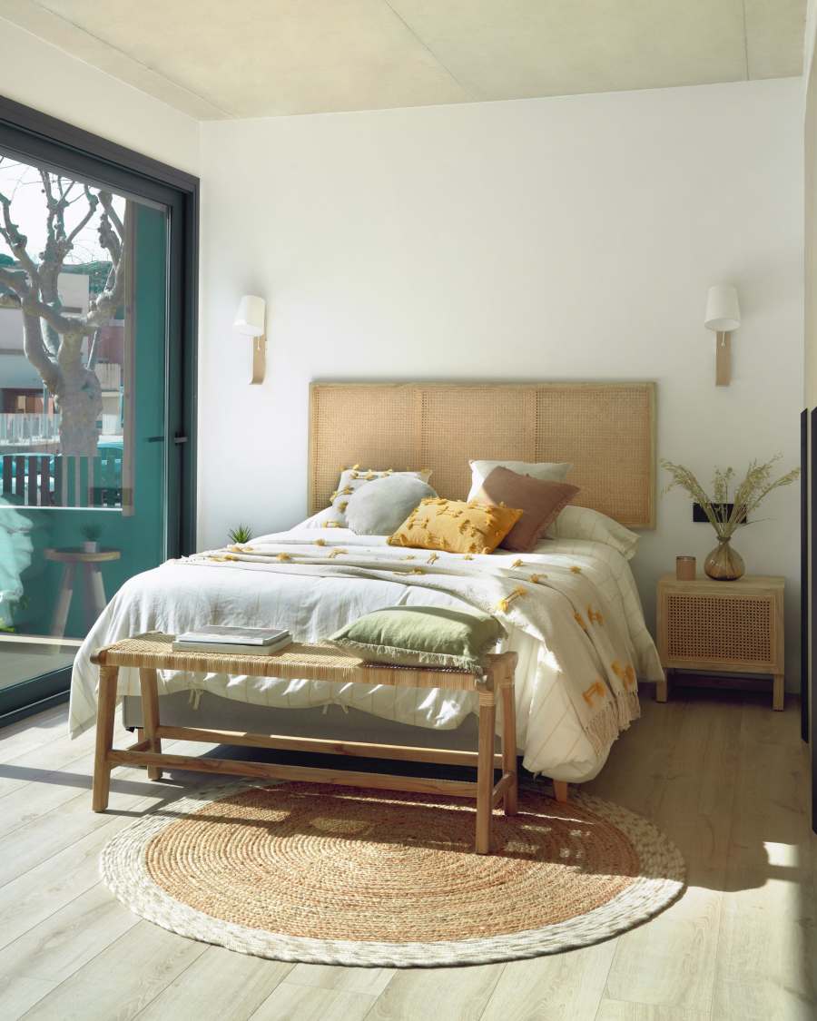 Rexit solid mindi wood and veneer bedside table with rattan 50 x 48 cm