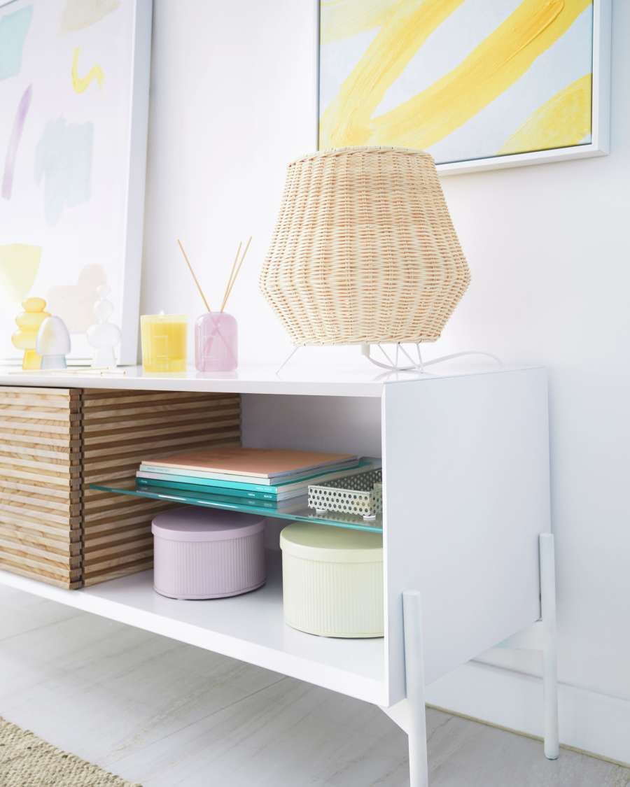 Marielle ash wood veneer TV stand with white lacquer and white finish metal, 167 x 53 cm