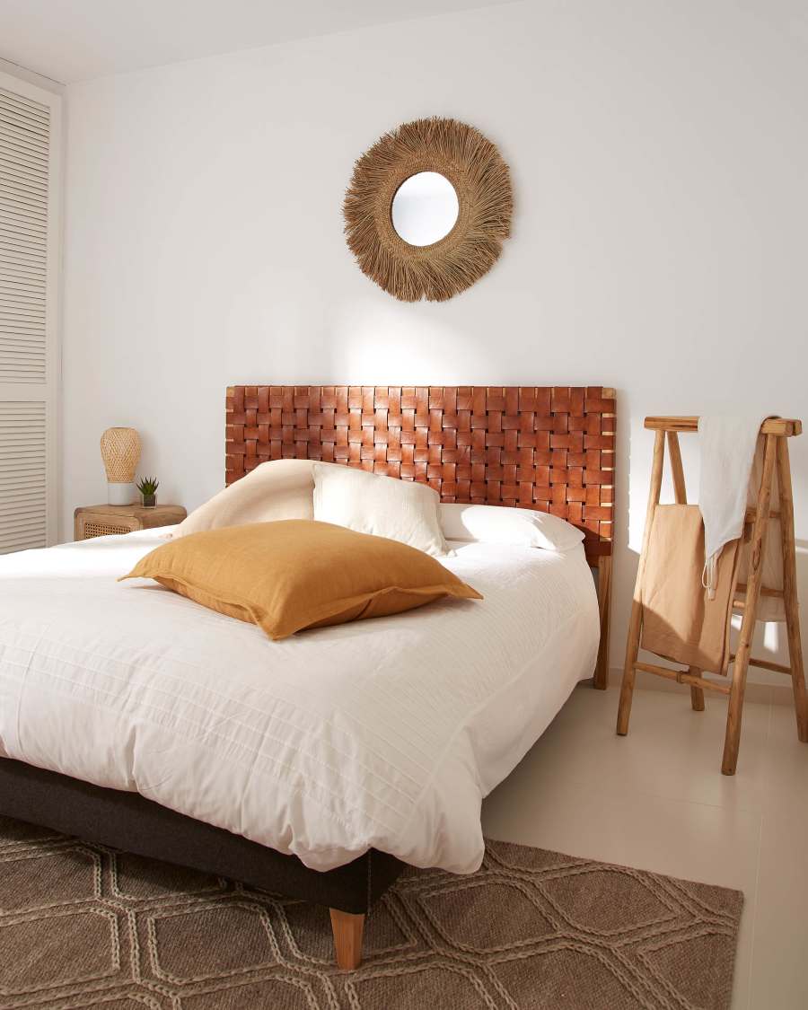 Calixta solid teak wood and leather headboard with natural finish for a bed up to 150 cm