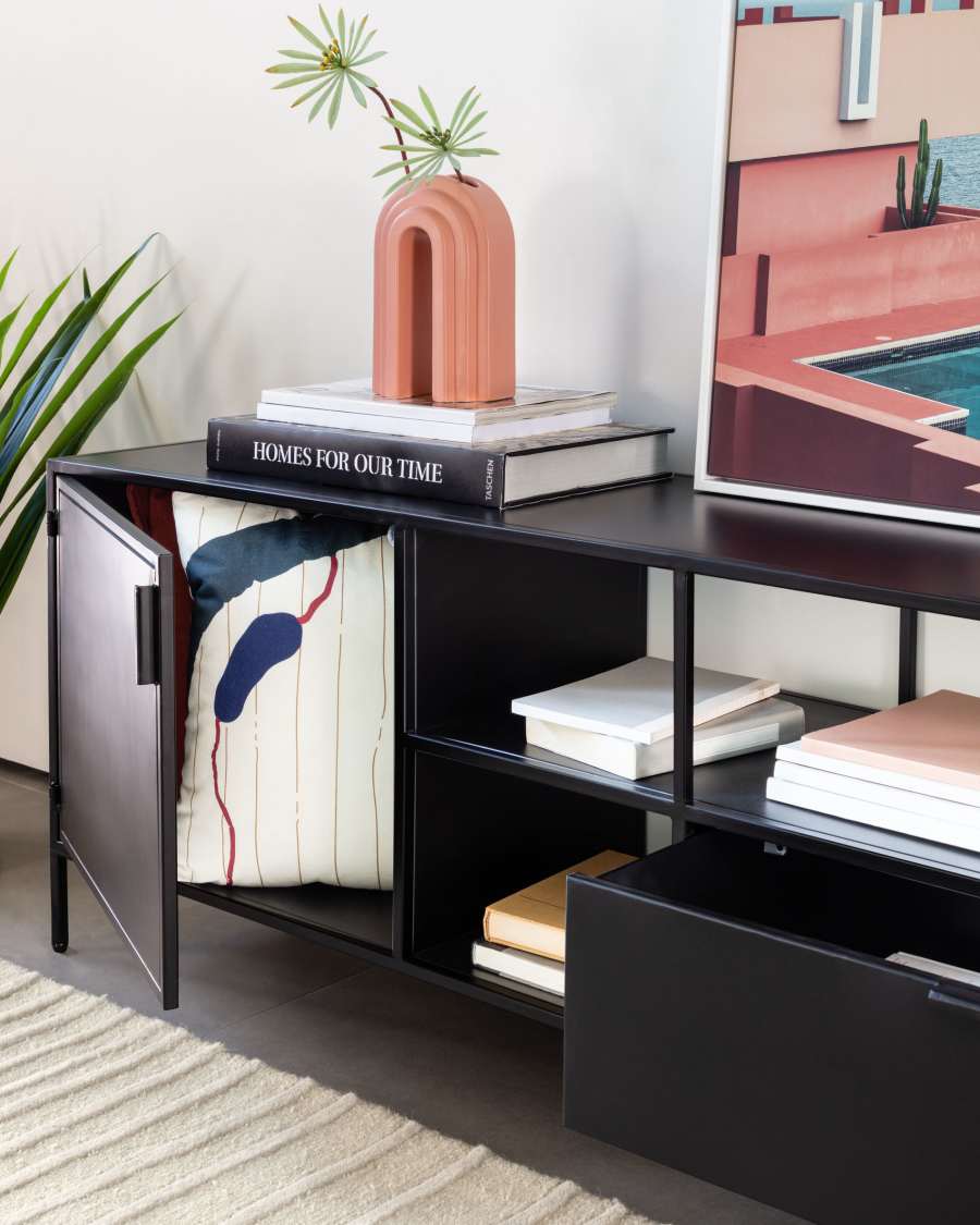 Meuble TV Shantay 1 porte et 1 tiroir en métal avec finition noire 150 x 50 cm