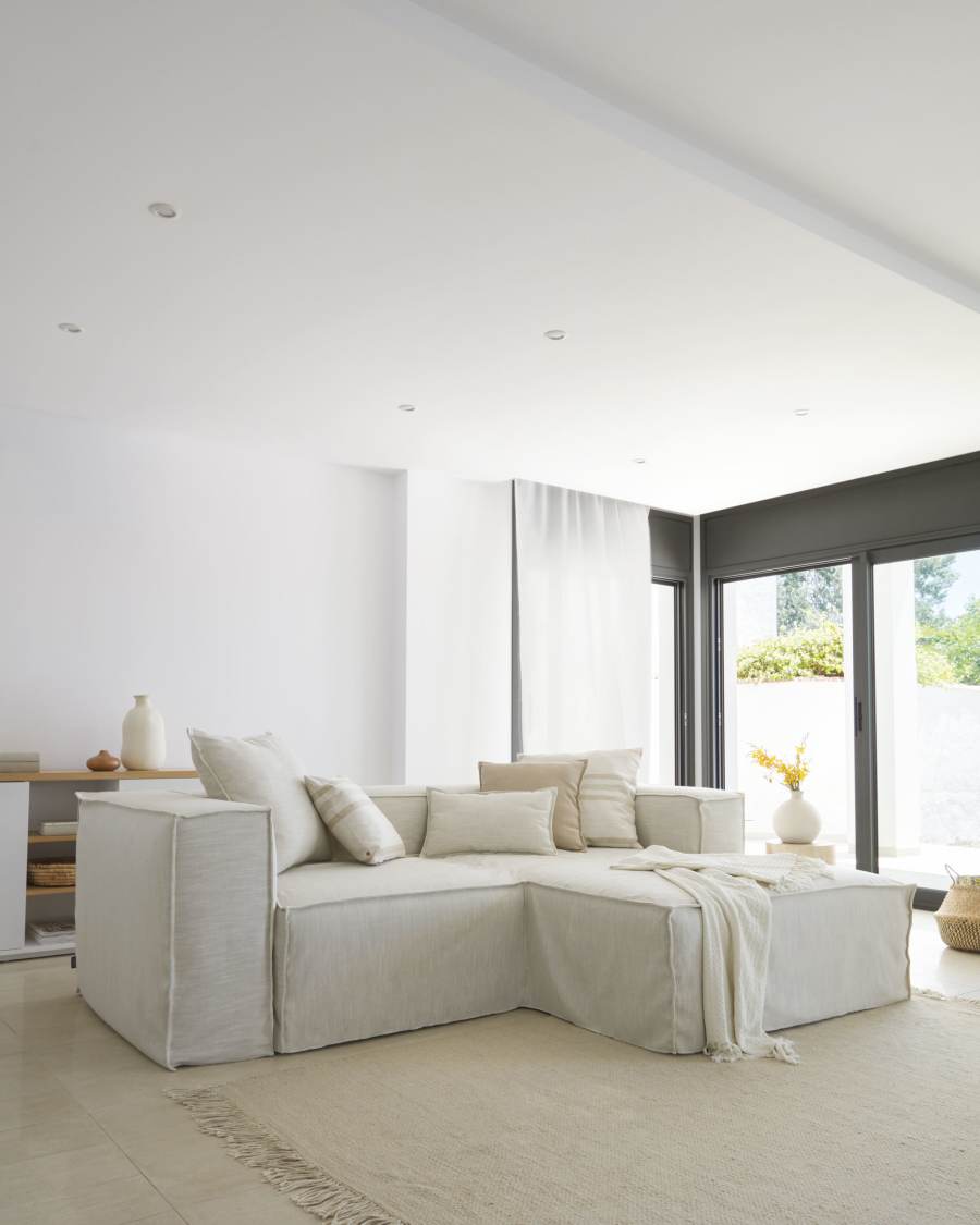 Blok 2 seater sofa with right-hand chaise longue & removable covers in white linen, 240 cm