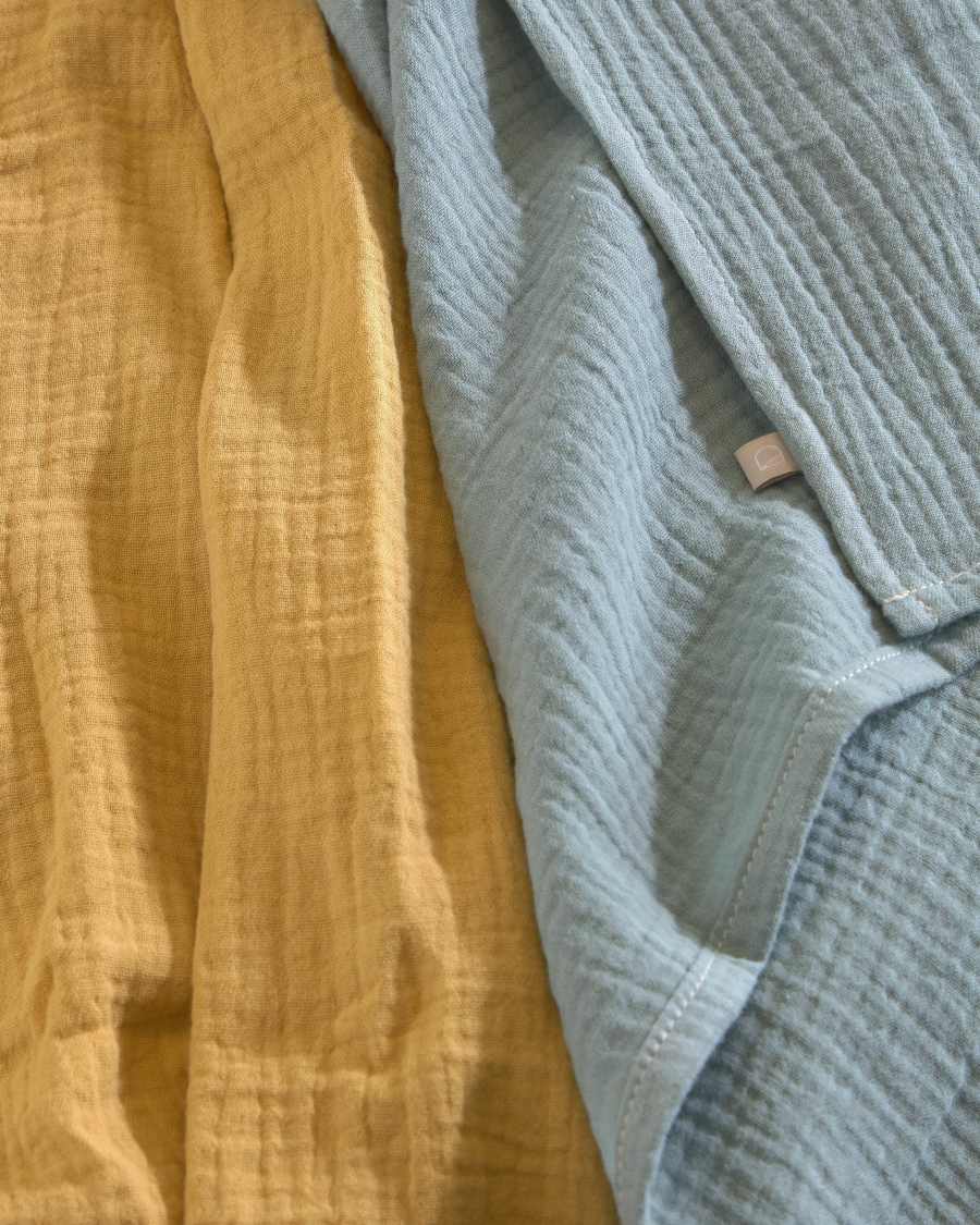 Set of two 100% organic muslin cotton (GOTS) Hilen muslins in turquoise mustard yellow