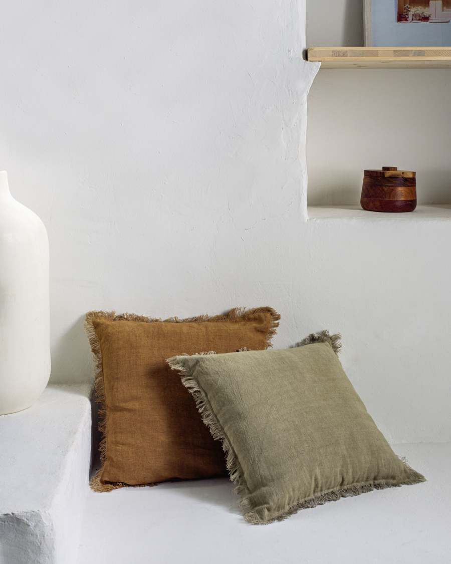 Almira green cotton and linen cushion cover with fringe 45 x 45 cm