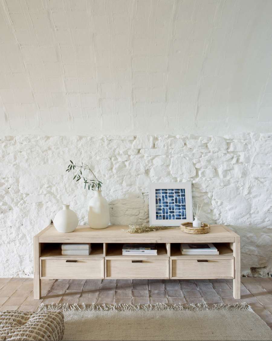 Alen solid acacia wood TV stand with 3 drawers, 165 x 50 cm