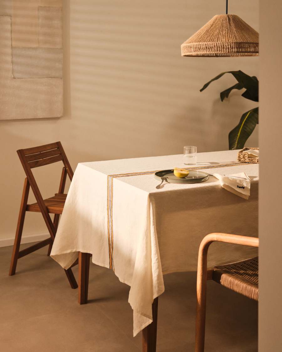 Vallcanera tablecloth in cotton and linen with mustard and blue stripes, 150 x 250 cm