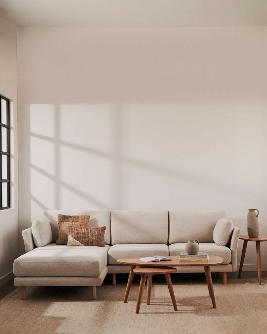 Gilma 3 seater sofa w/ right/left-hand chaise longue in chenille pearl, natural legs, 260 cm