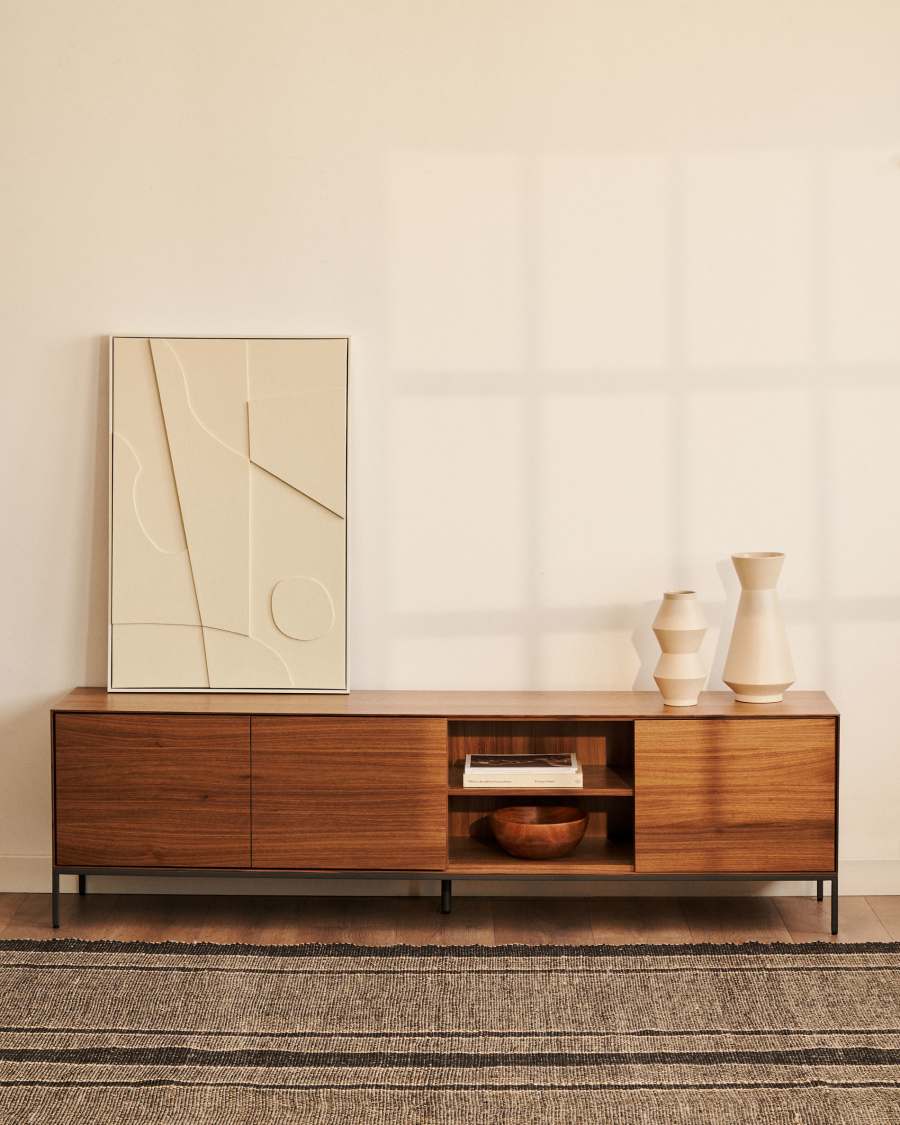 Vedrana 3-door TV stand in walnut veneer with black steel legs, 195 x 55 cm