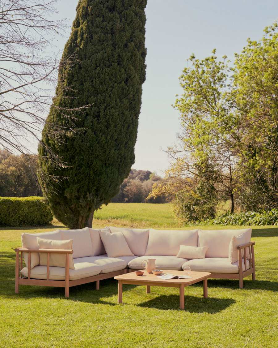 Σετ γωνιακού καναπέ 5θ και τραπέζι σαλονιού Sacova, μασίφ ξύλο ευκαλύπτου