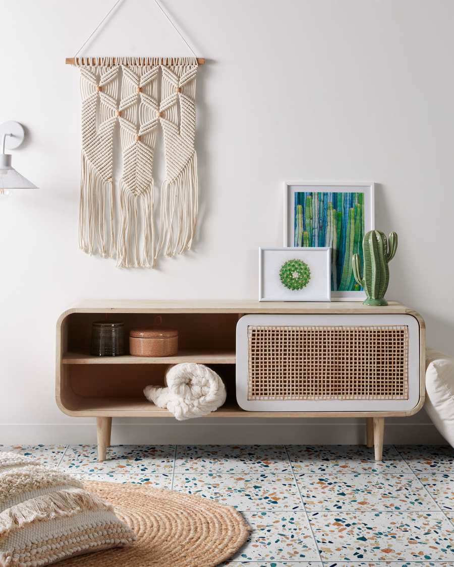 Georg solid mango wood single door TV stand with cane, 120 x 50 cm