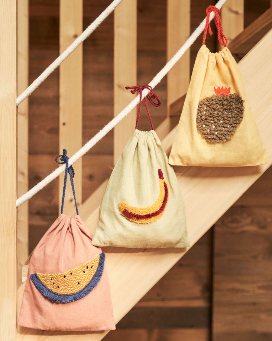 Amarantha set of 3 100% multicolour cotton afternoon snack bags with fruit prints