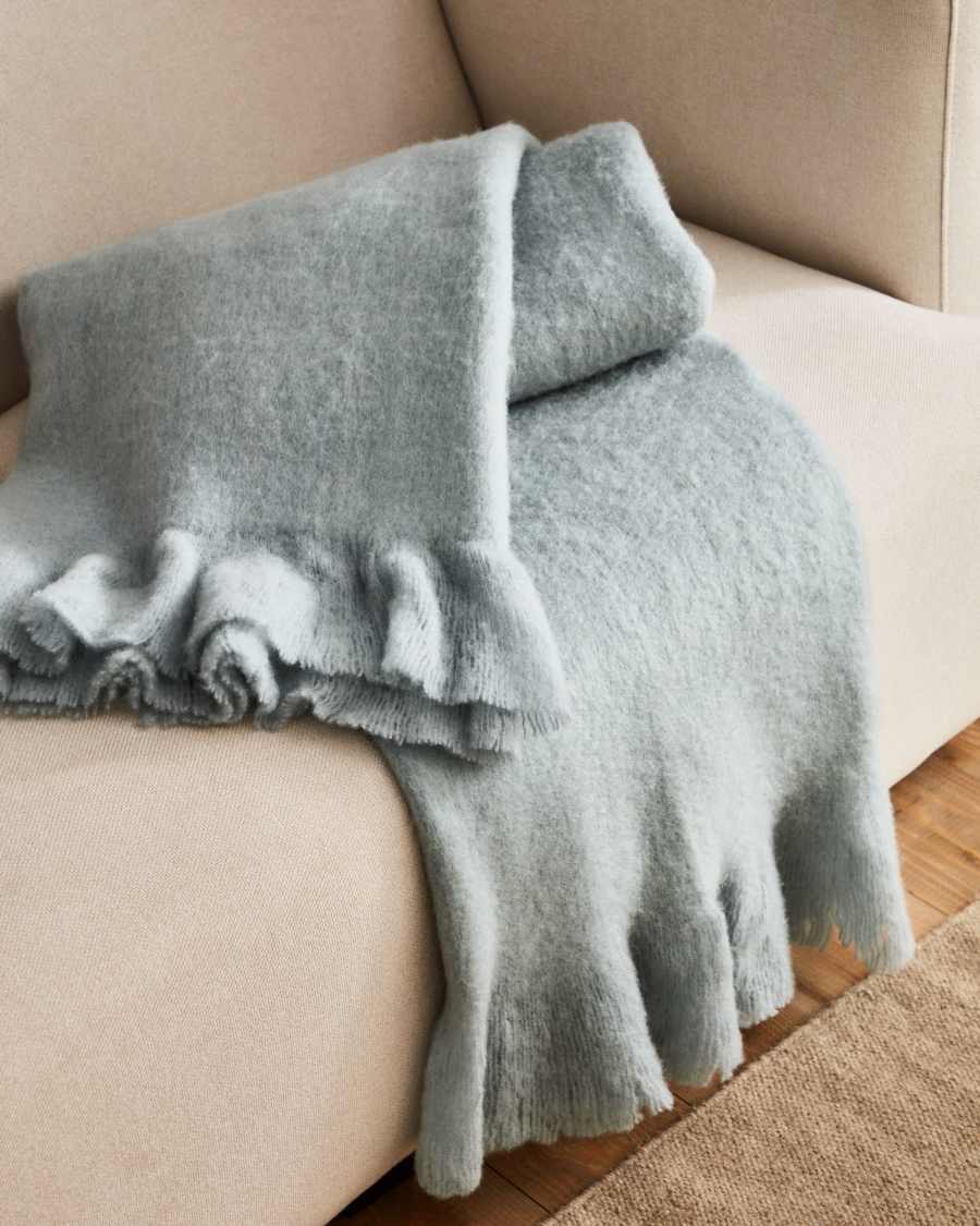 Plaid à franges Haru en laine bleu 125 x 150 cm