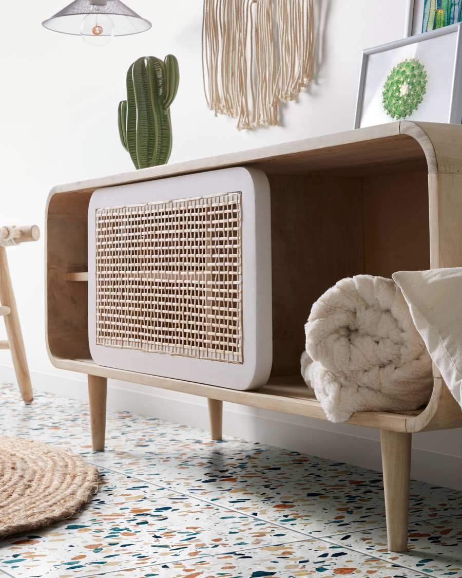 Georg solid mango wood single door TV stand with cane, 120 x 50 cm