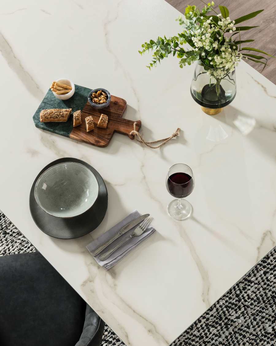 Table New Argo 200x100, inox mat plateau porc. Kalos blanc