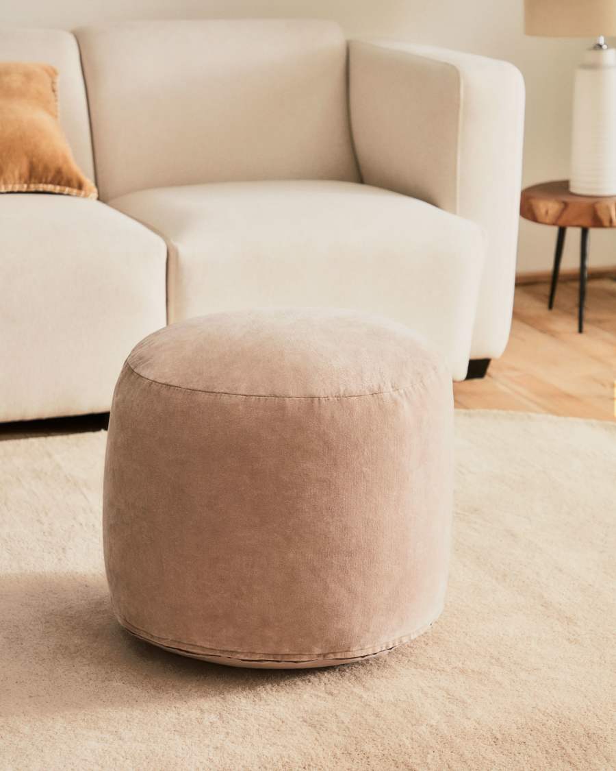 Pouf rond Angelica 100 % coton en velours rose Ø 45 cm