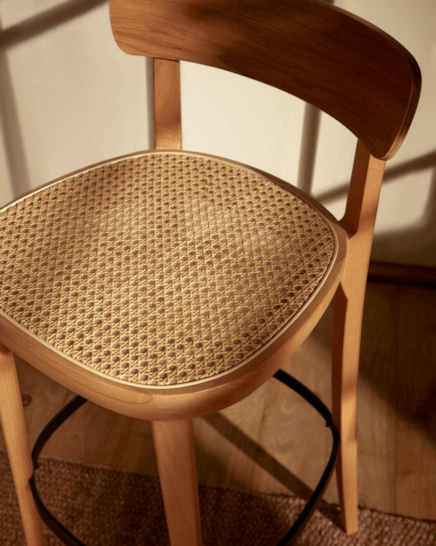Romane stool beechwood stool with a natural finish, ash wood veneer and ratan seat 75 cm