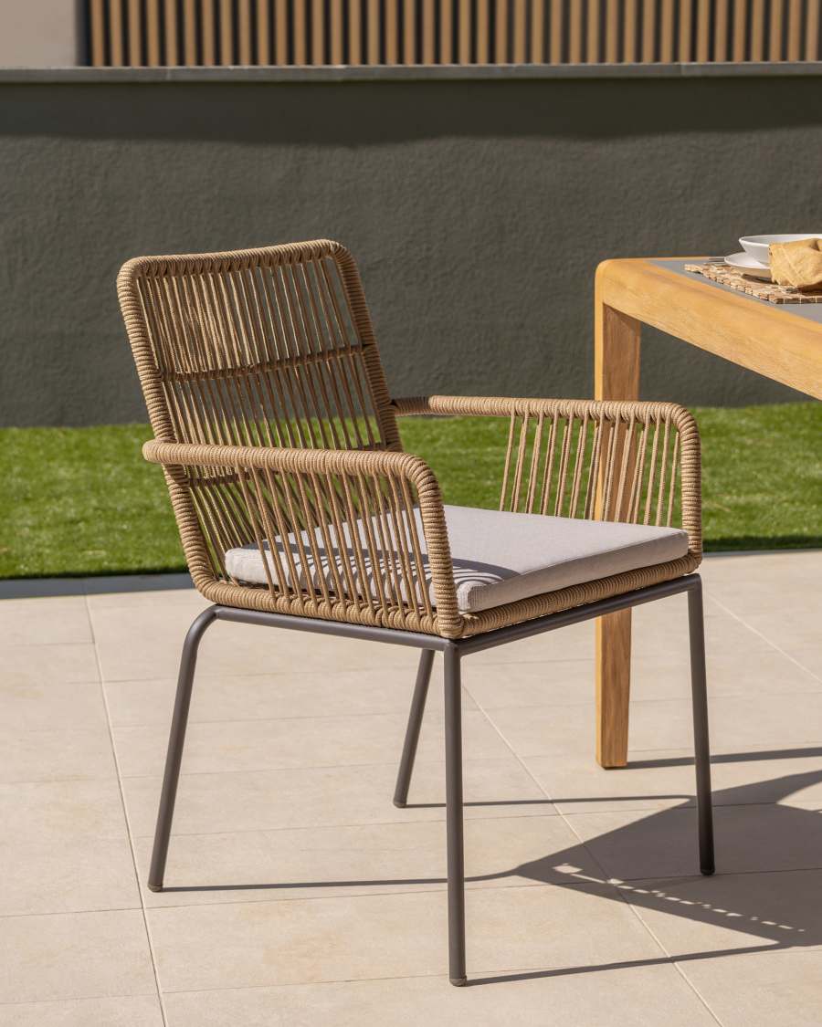 Samanta stackable chair made from beige cord and galvanised steel legs.