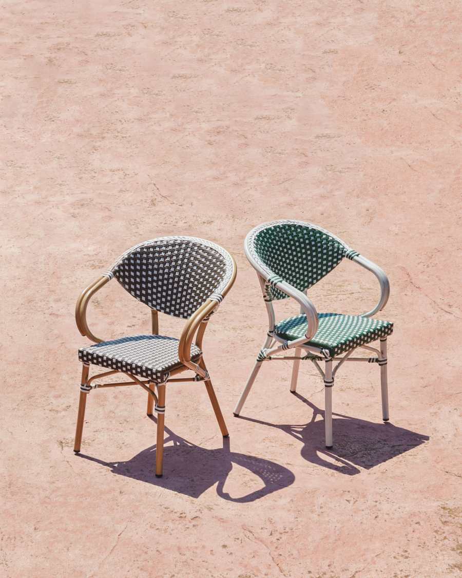 Marilyn stackable outdoor bistro chair with arms in aluminium and synthetic rattan, green & white