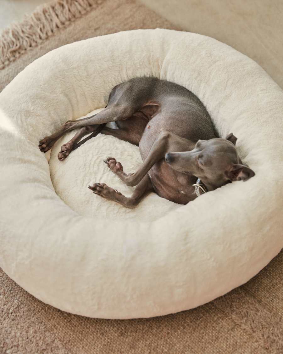 Woopy round bed for pets with with white fur small Ø 70 cm