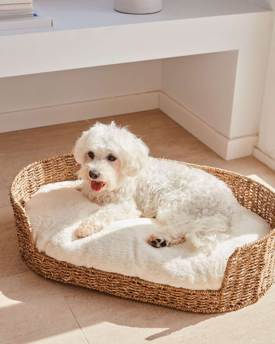 Codie portable pet cushion in white fur, Ø 60 x 10 cm