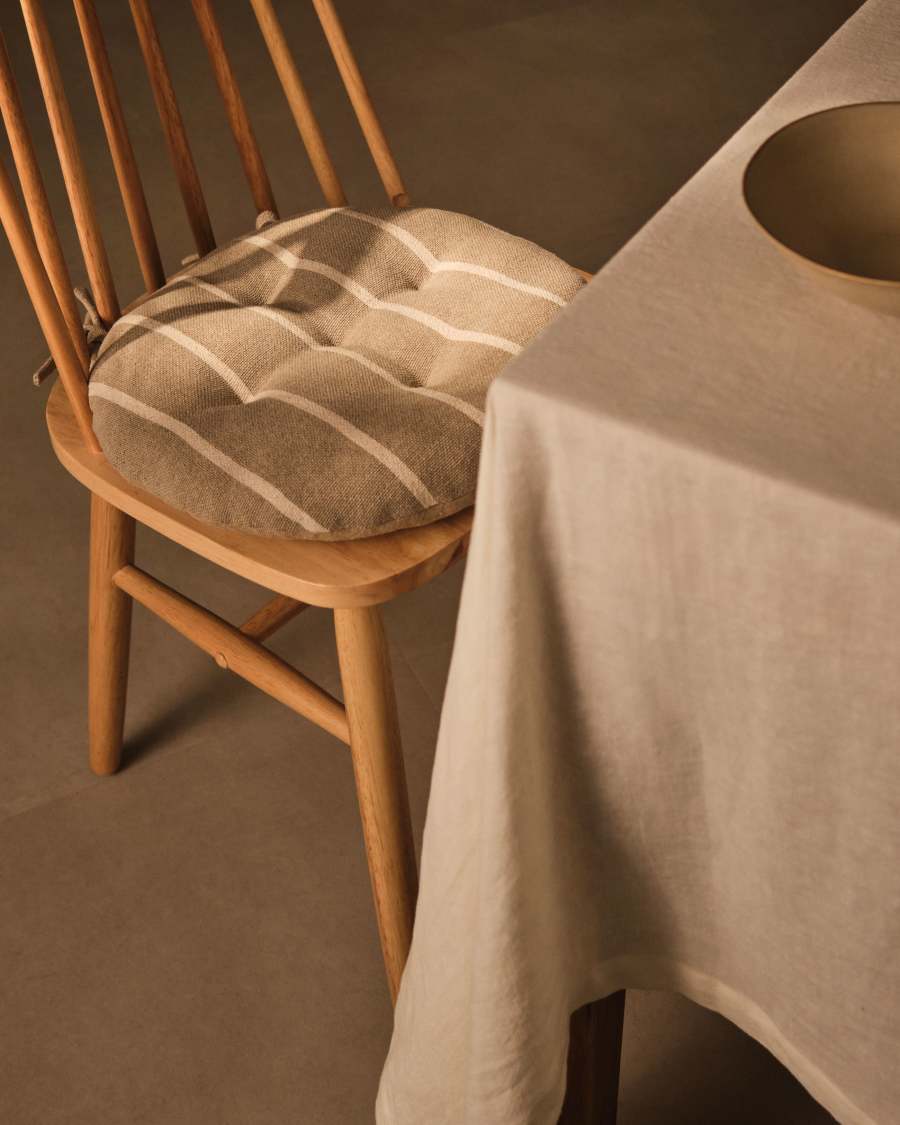 Margarida 100% beige cotton chair cushion with white stripe pattern, Ø 40 cm
