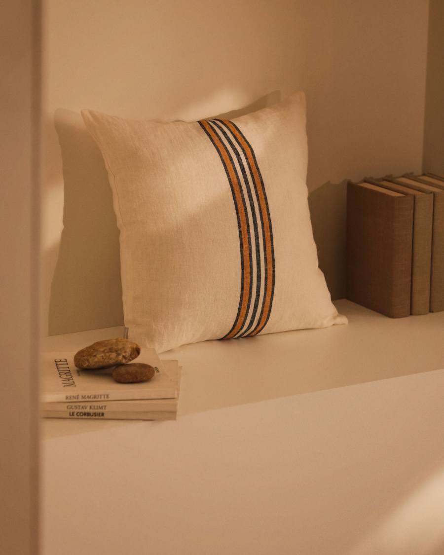 Housse de coussin Vallcanera 100 % lin beige avec rayures jaunes et bleues 45 x 45 cm