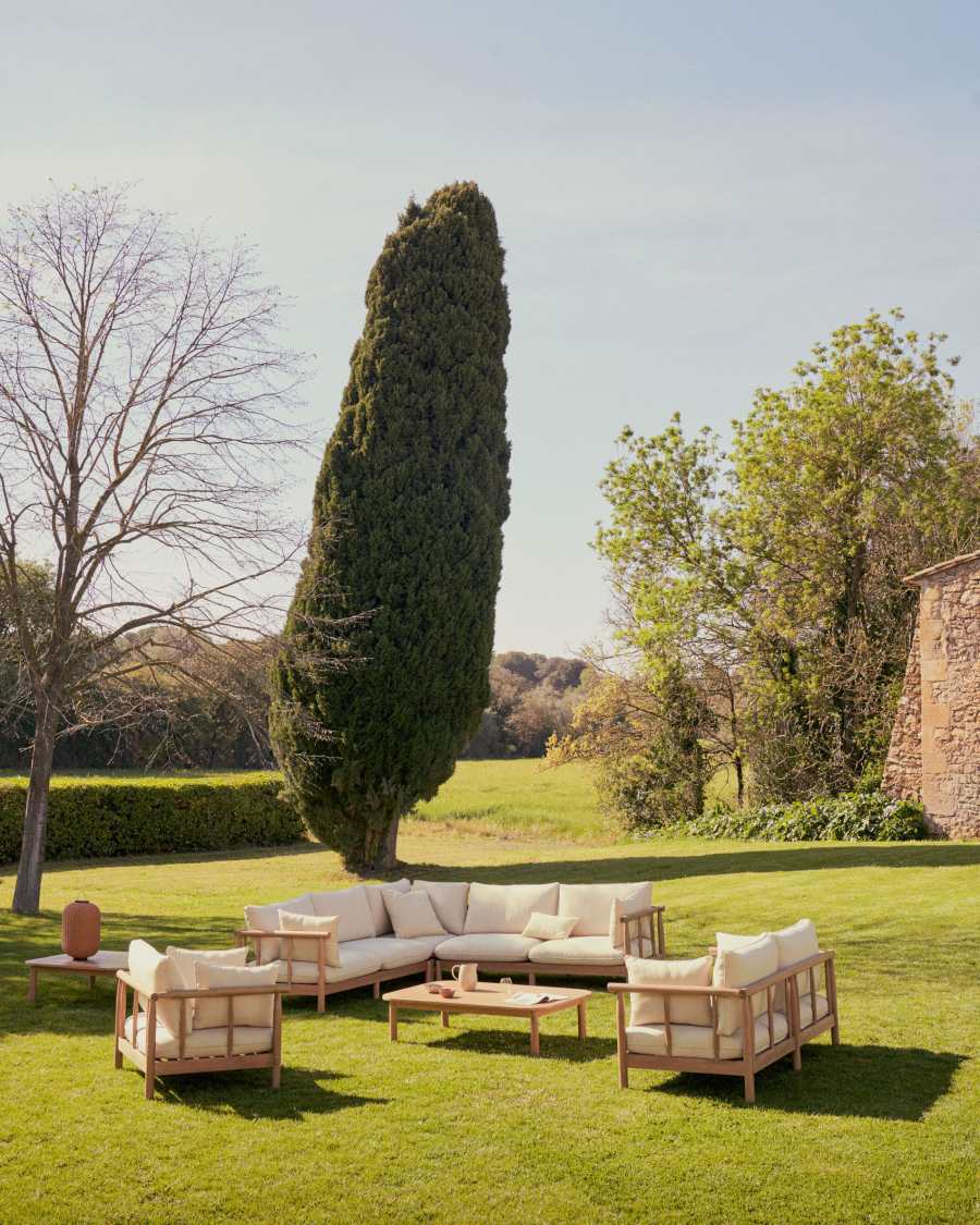 Σετ γωνιακού καναπέ 5θ και τραπέζι σαλονιού Sacova, μασίφ ξύλο ευκαλύπτου