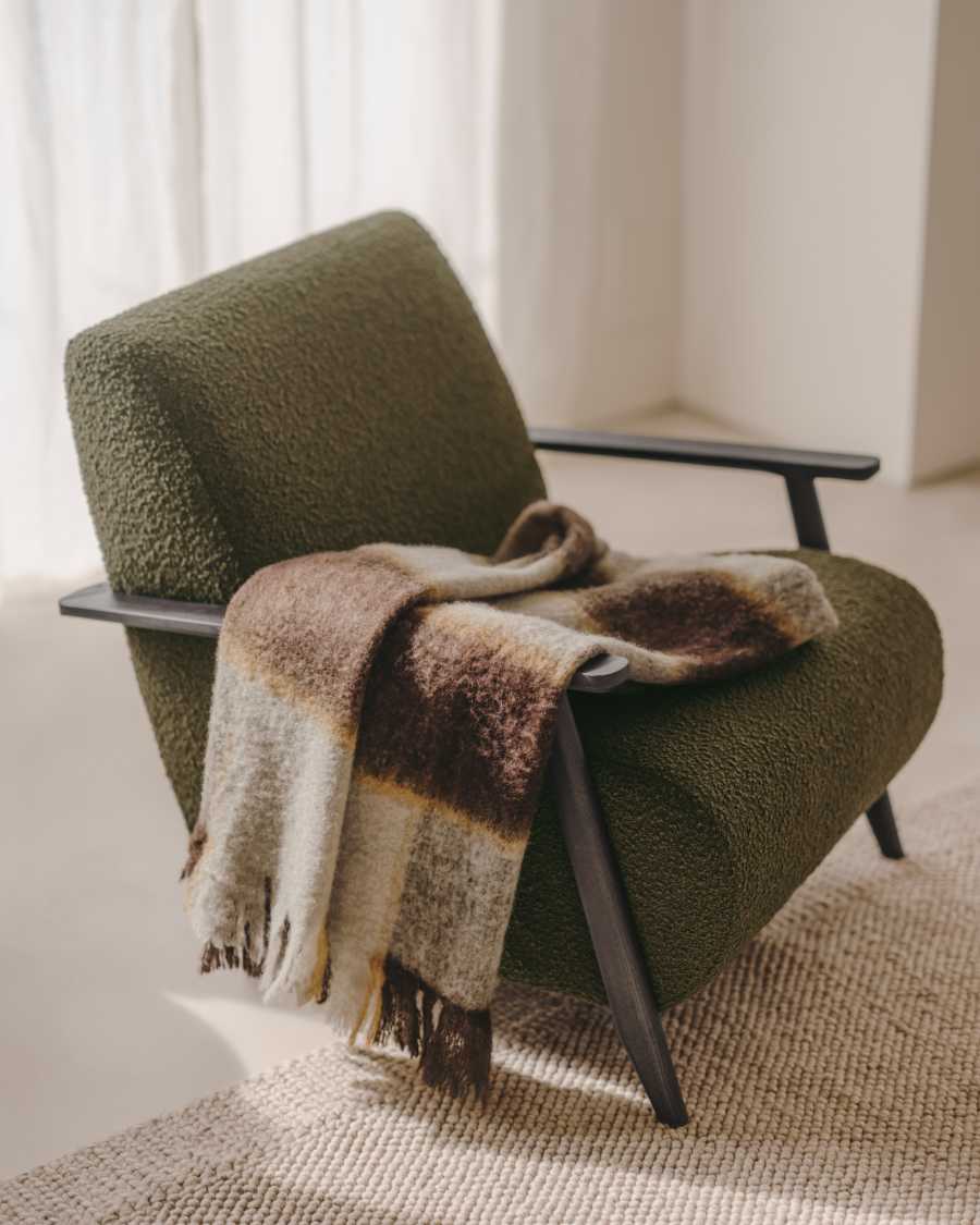 Maro check blanket with grey and brown fringes 130 x 170 cm