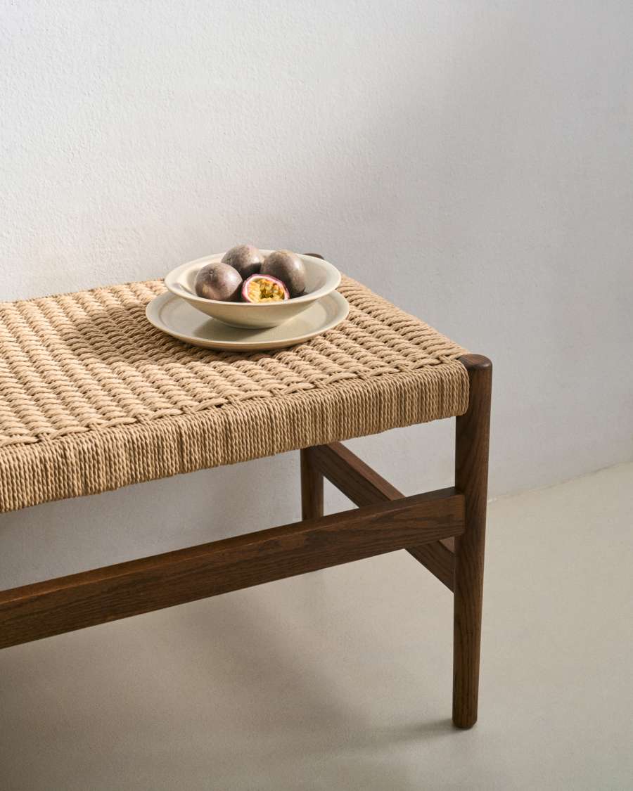 Zaide bench made of solid oak wood in a walnut finish and rope cord seat, 120 cm, FSC 100%