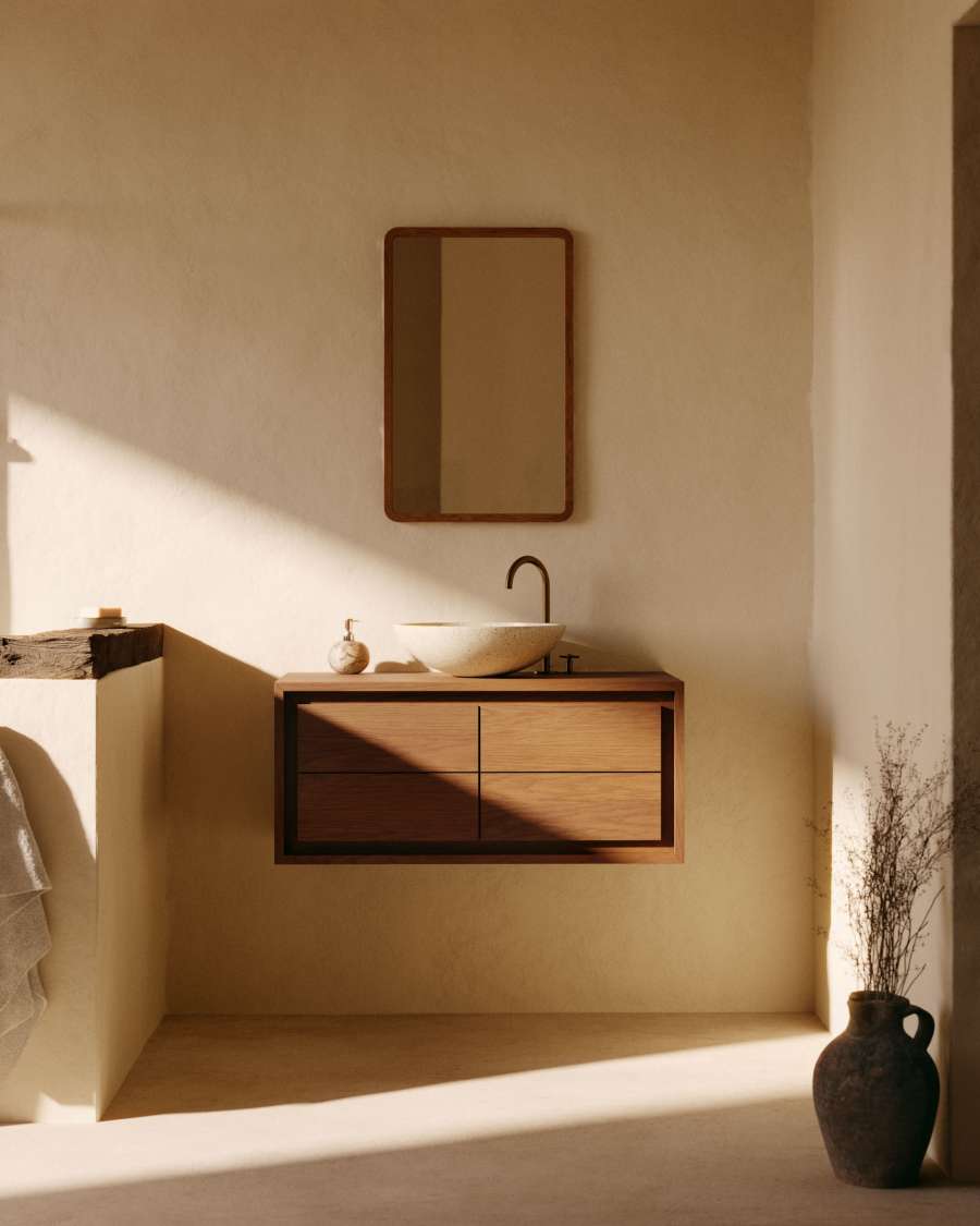 Meuble de salle de bain Kentaen bois de teck finition noyer 90 x 45 cm