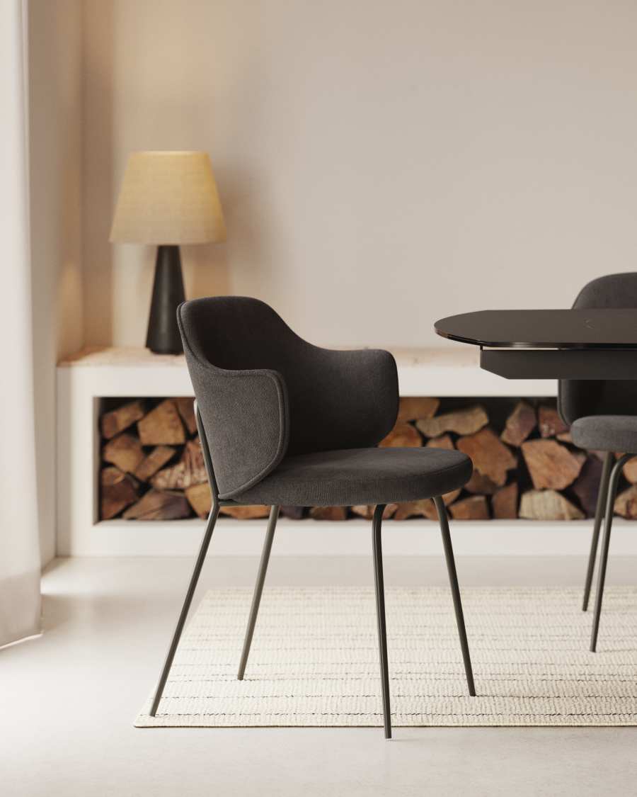 Yunia chair in dark grey with steel legs in a painted black finish FSC 100%