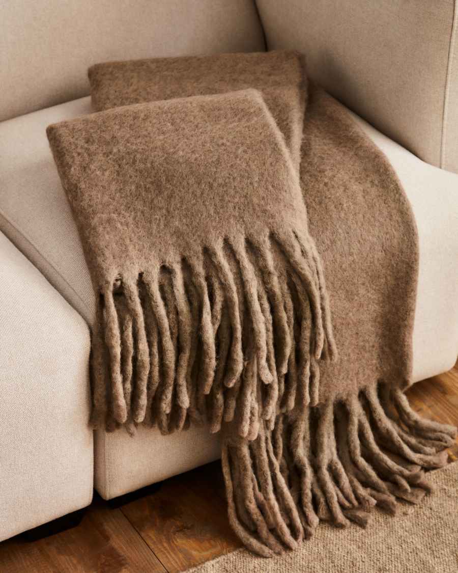 Jiba blanket with tassels in beige wool, 125 x 150 cm