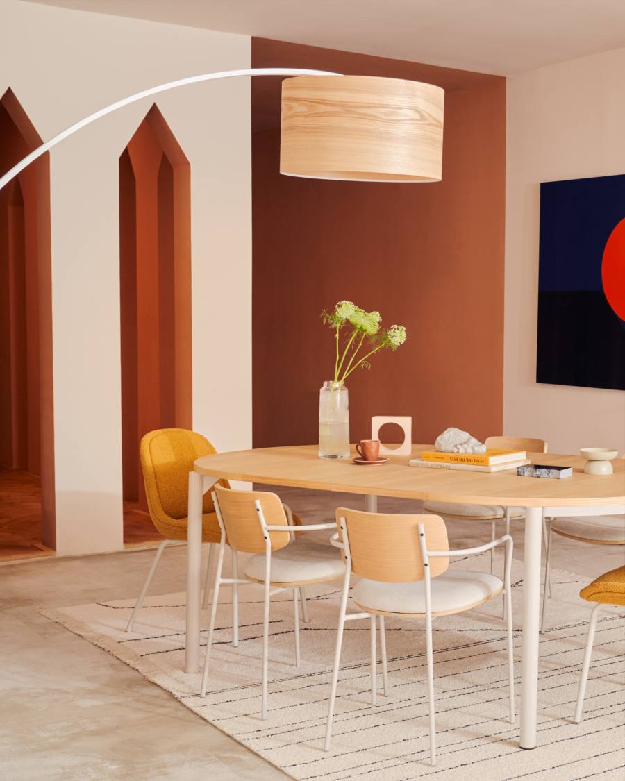 Tavolo rotondo allungabile Montuiri impiallacciatura di rovere e gambe d'acciaio finitura in grigio Ø 120 (200) cm